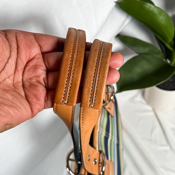 SOLD COACH Y2K 9516 Hampton Striped Canvas Mini Tote Bag Blue Green Tan Leather - Picture 3 of 11